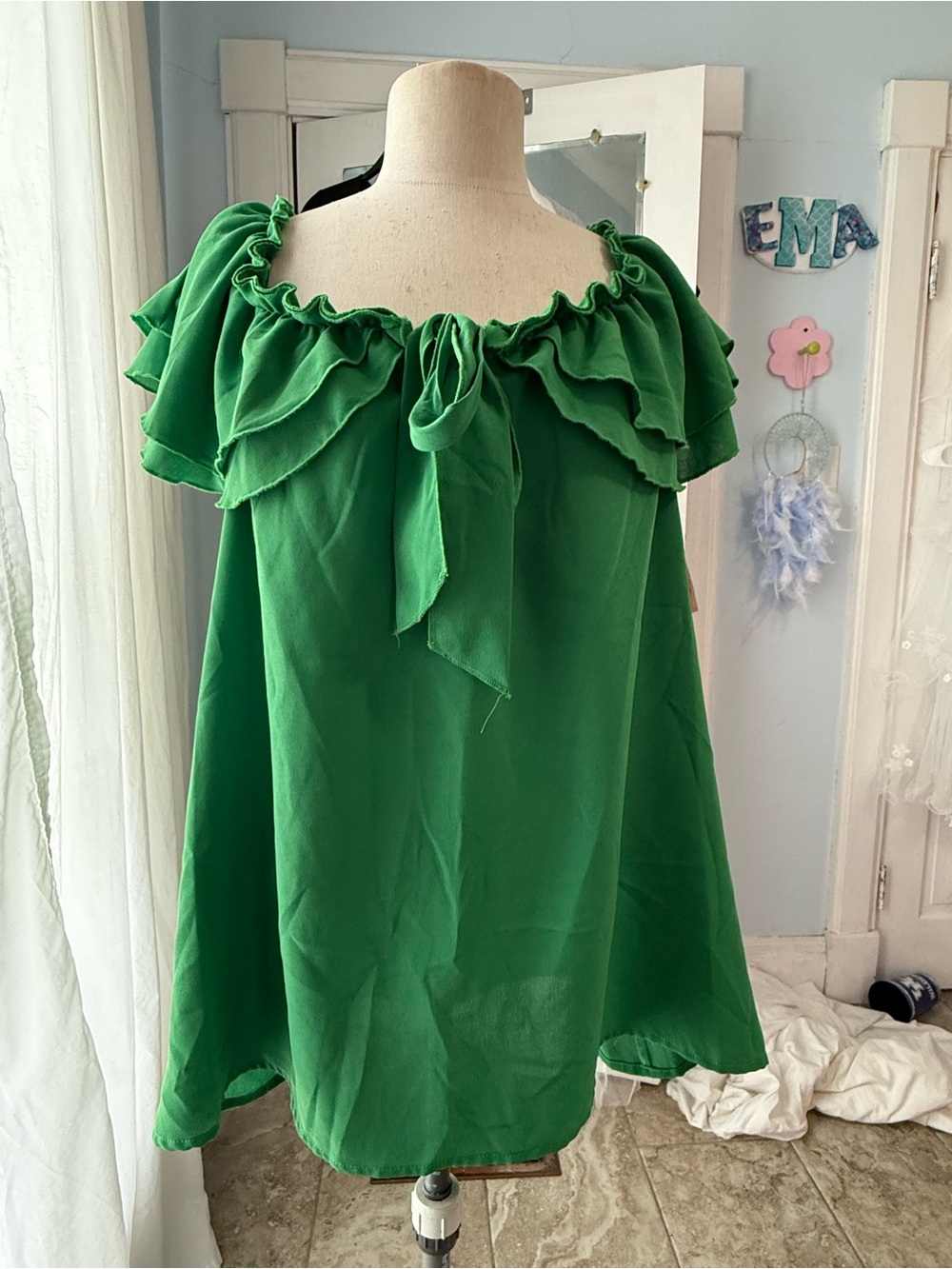 Green Ruffle Off-Shoulder Blouse with Front Tie